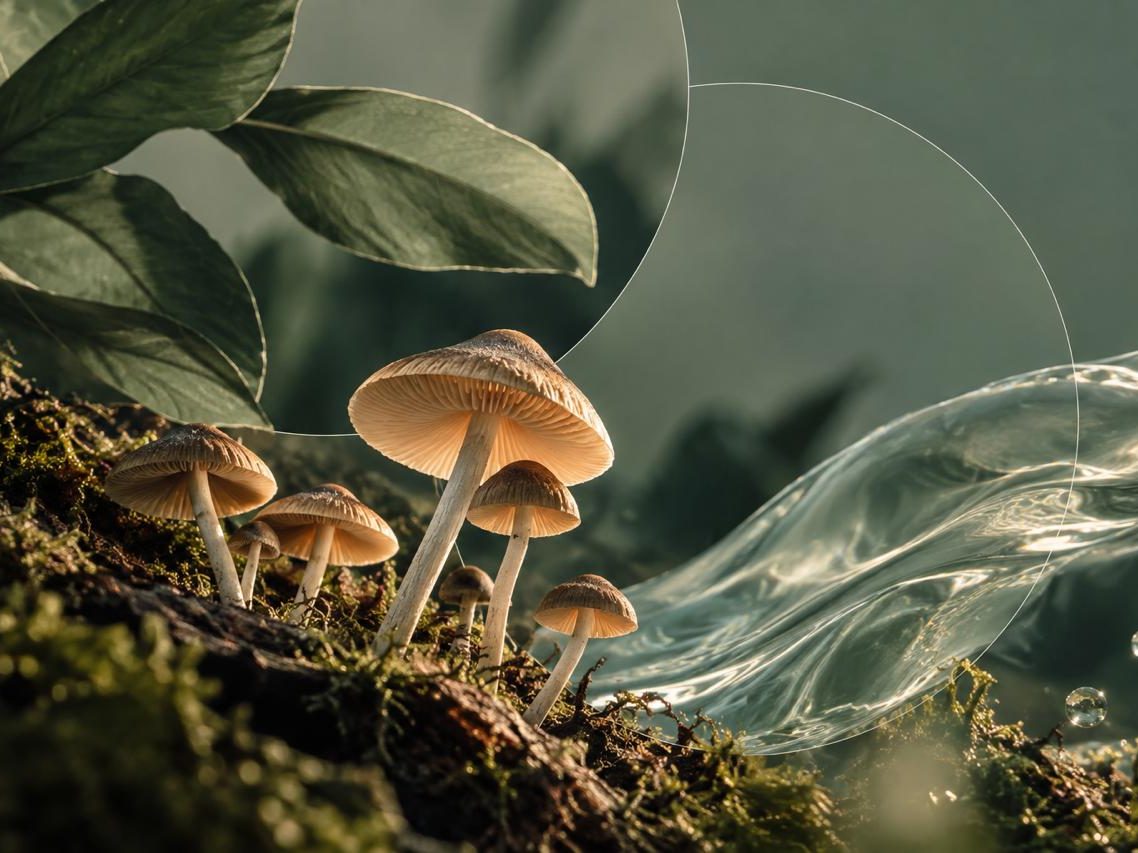 Hongos de sombrero claro sobre musgo, junto a hojas verdes y una onda de agua transparente con gotas.