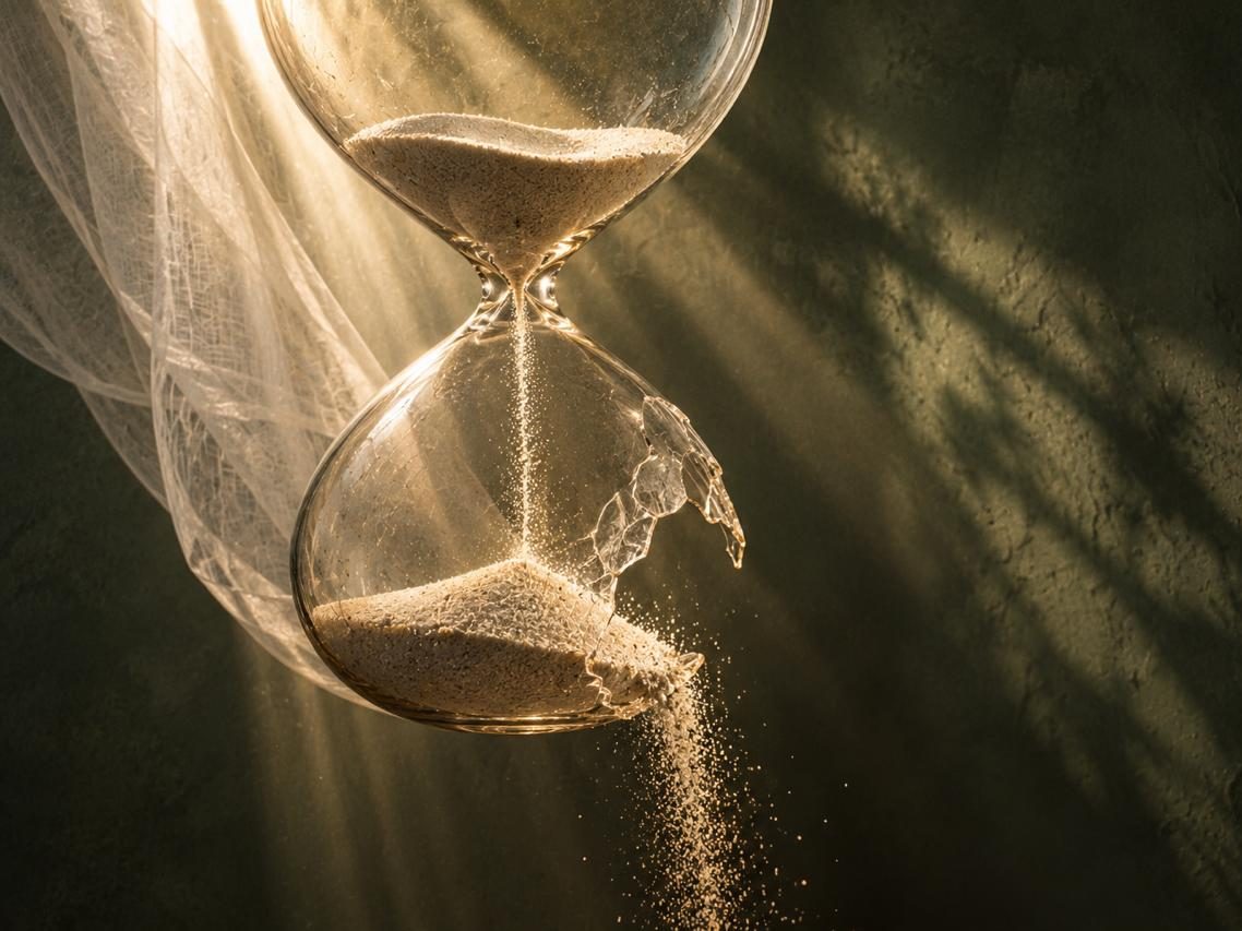 Reloj de arena con el vidrio roto por el que se escapa la arena, iluminado por un haz de luz cálida sobre un muro oscuro.