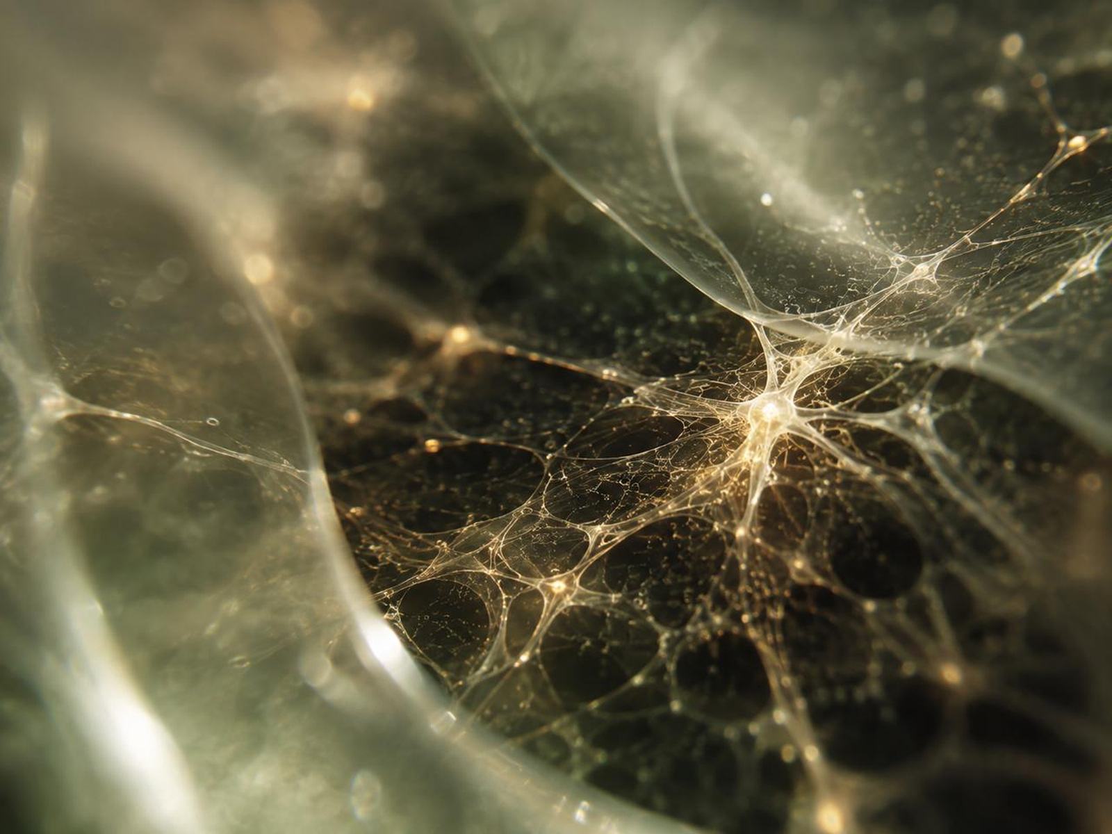 Red de filamentos luminosos entrelazados sobre un fondo verde oscuro, semejante a una red neuronal.
