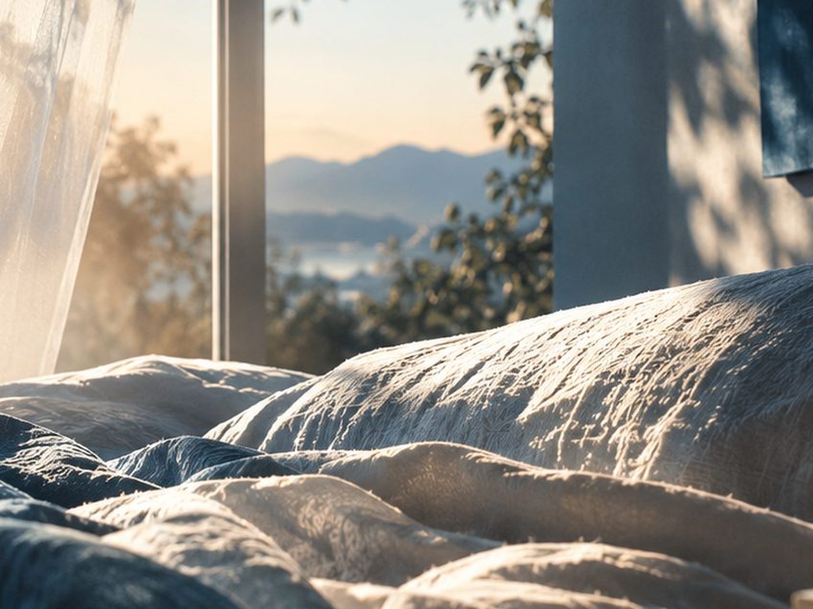 Cama deshecha junto a una ventana, con luz cálida sobre las sábanas y montañas al fondo.