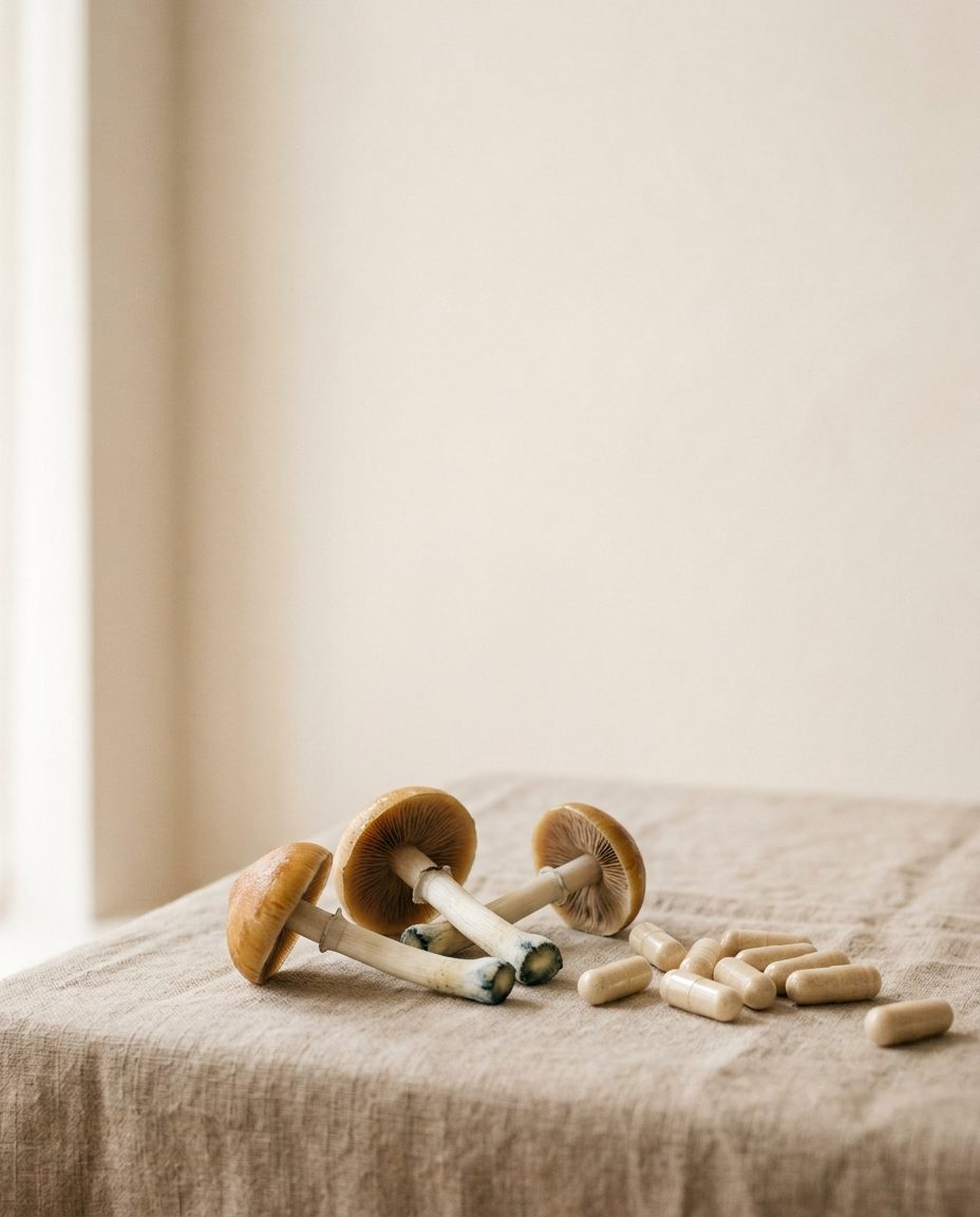 Hongos Psilocybe cubensis y cápsulas de microdosis sobre un mantel de lino